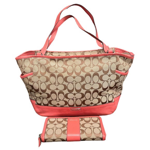 Coach Handbags - Coach Signature Carrie Tote with Coral Trim and Matching Wallet